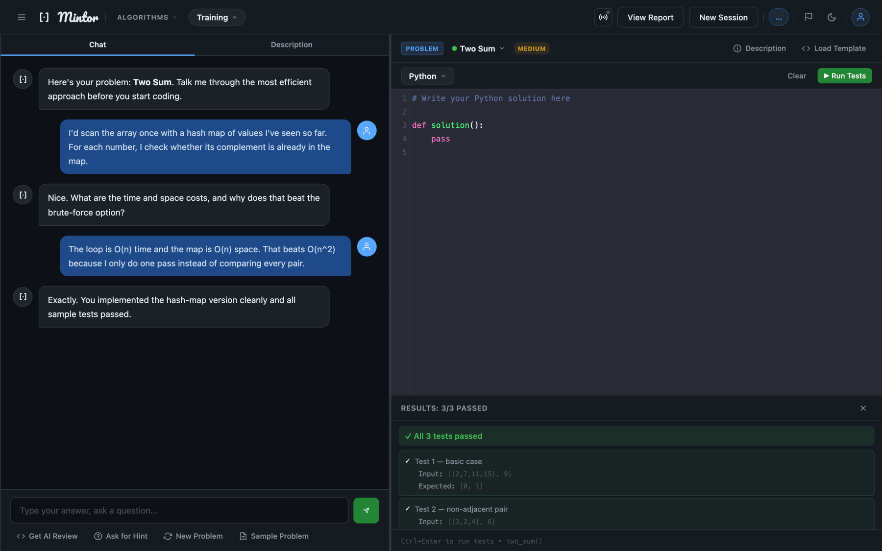 Mintor coding interview — AI chat, live code editor, and a passing test run