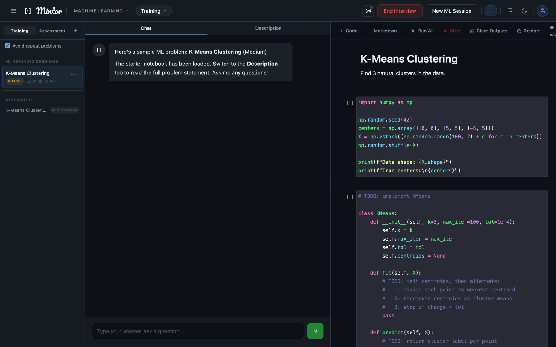 ML coding interview in a Jupyter-style notebook with a K-Means starter