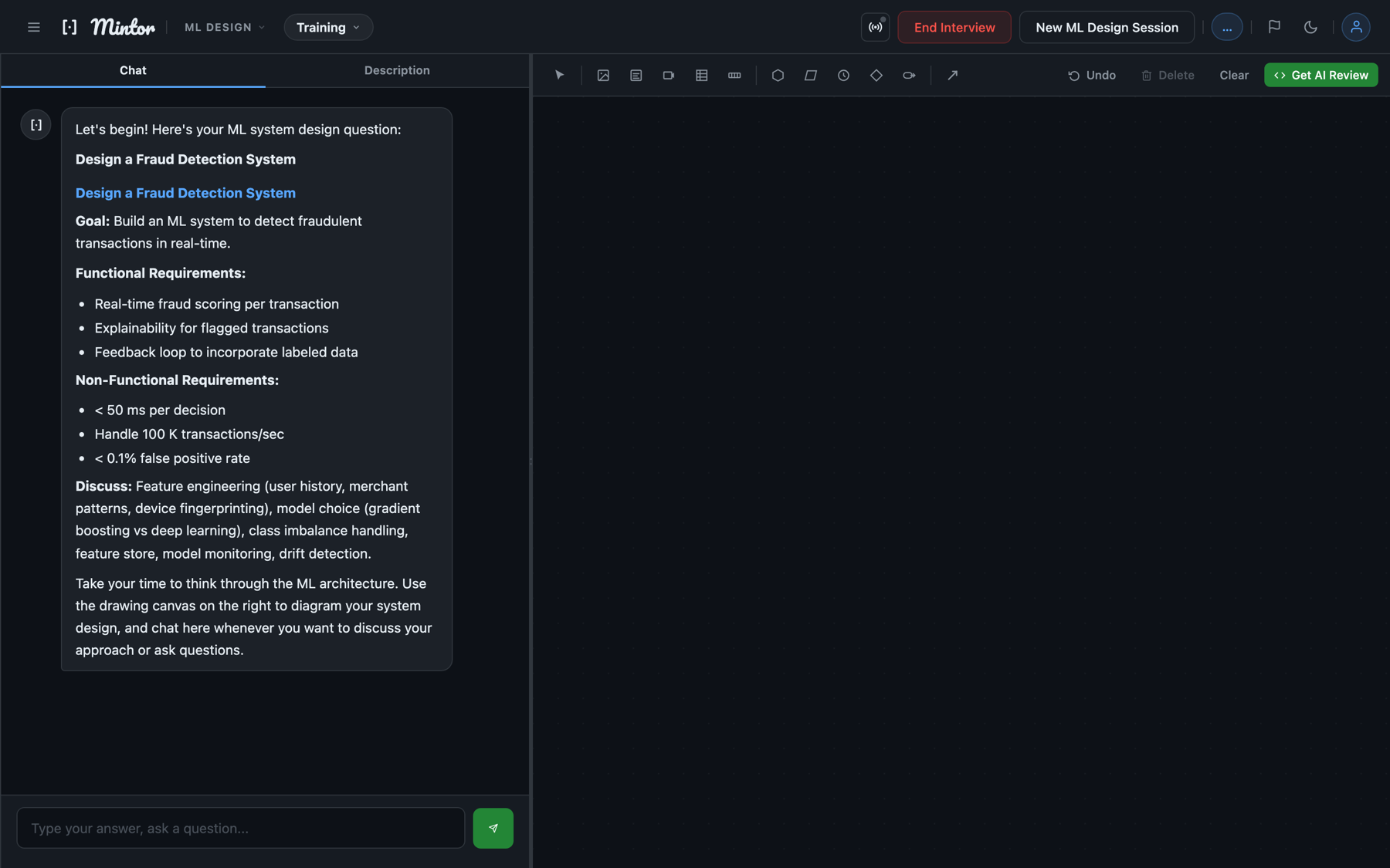ML system design interview with an ML pipeline canvas and a fraud-detection prompt
